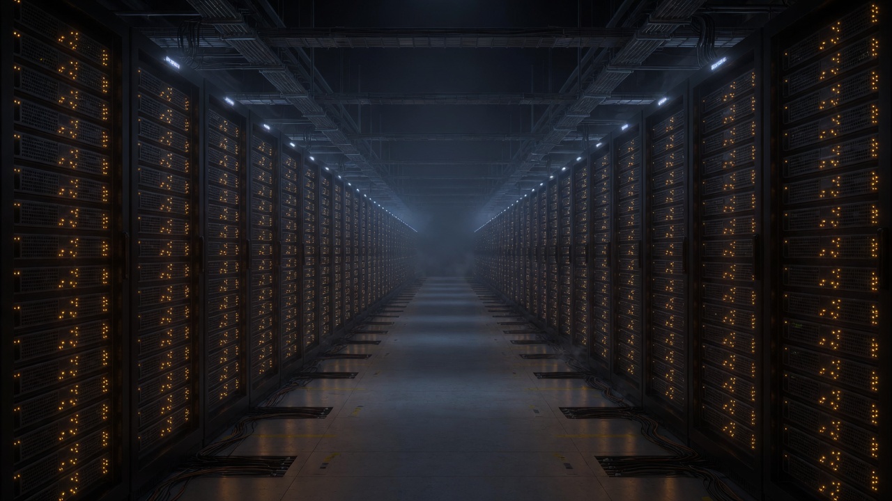 A long aisle of GPU racks, amber status lights receding into haze.
