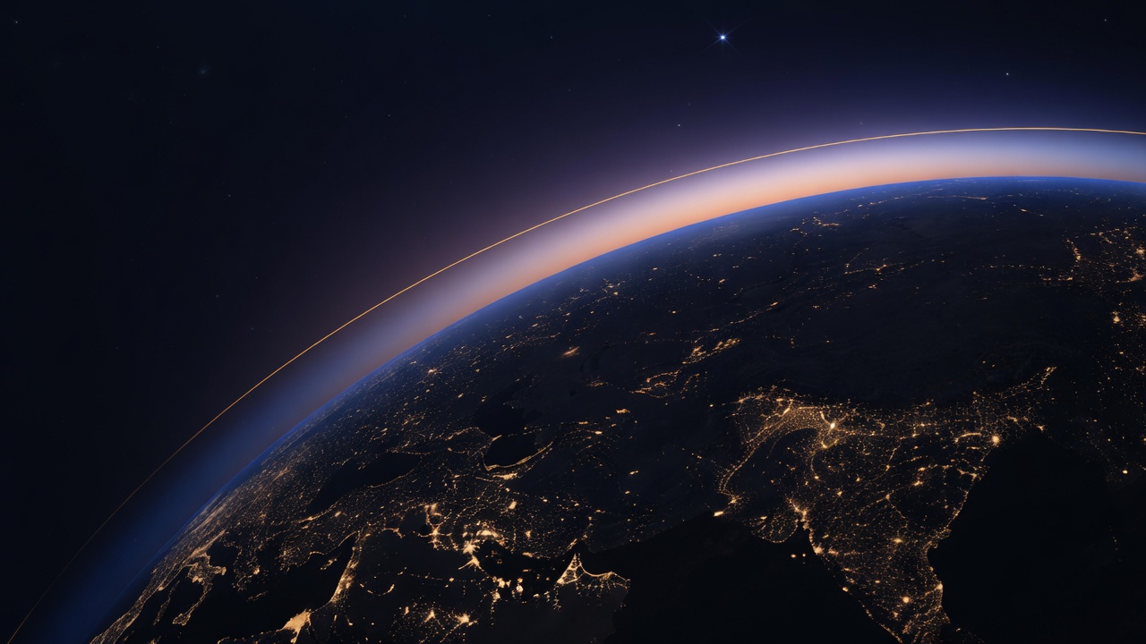 Night-side Earth from orbit, city lights tracing the continents along a thin gold terminator.