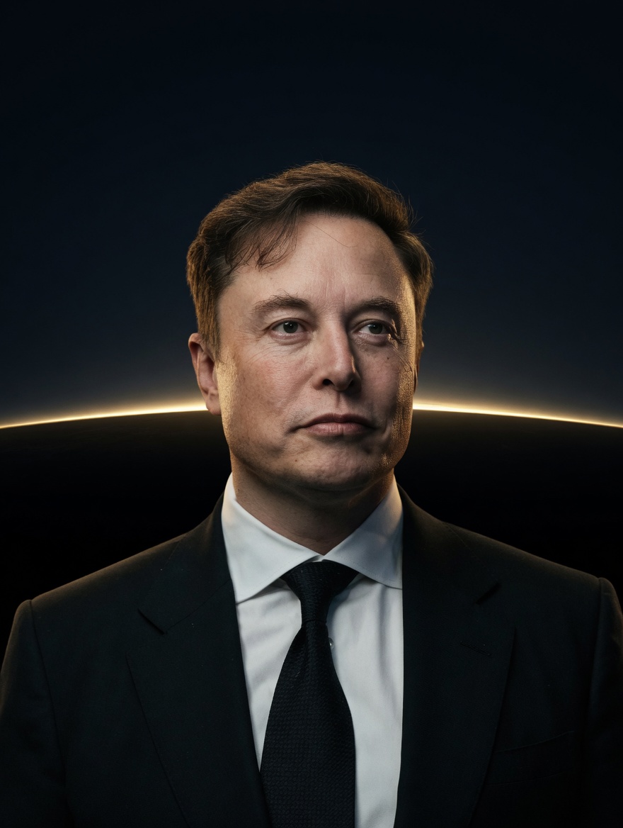 Elon Musk, 2025. Portrait derived from a Wikimedia Commons still (File:Elon Musk - 54820081119).
