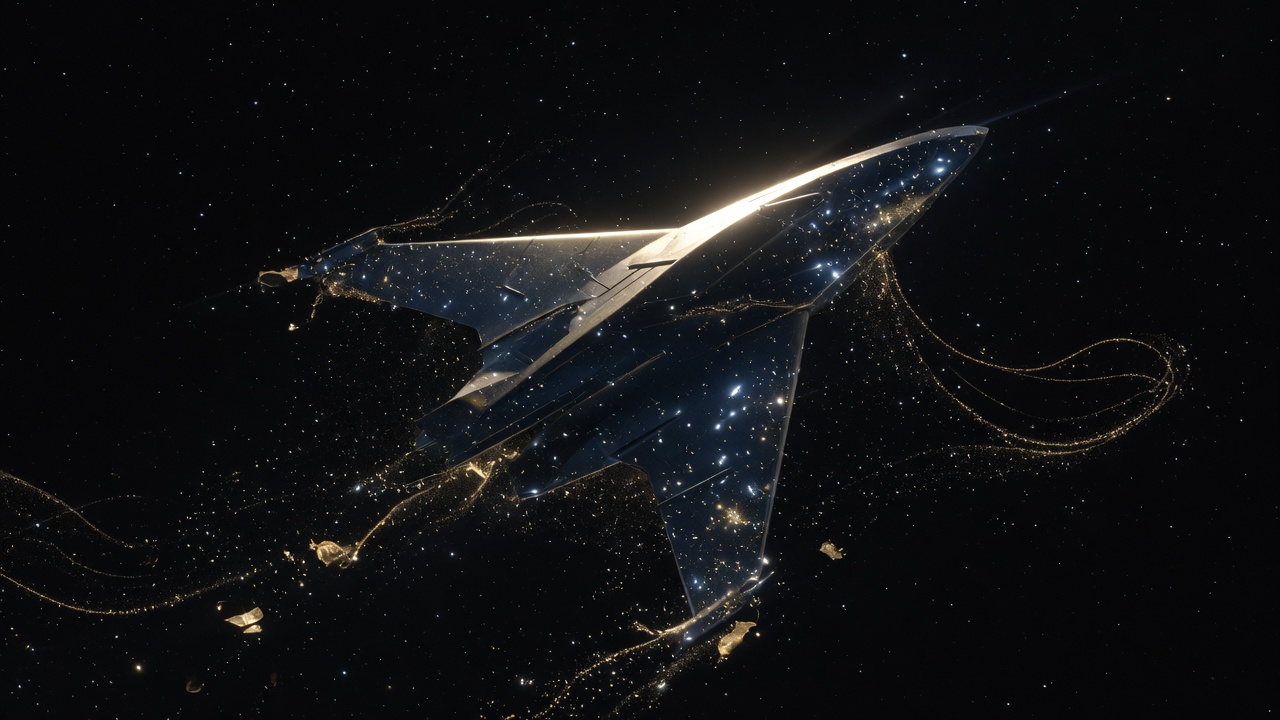 A metallic craft forming out of starlight in a black void.
